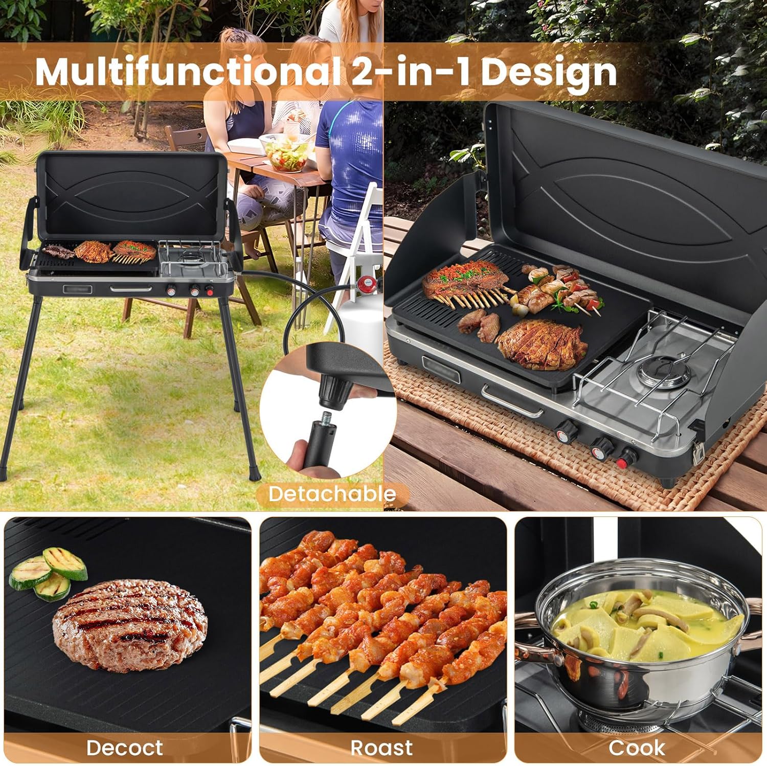 HAPPYGRILL Portable Camping Stove, 2-Burner Propane Grill Cooker with Removable Leg Stand, Roast Grill, Dual Control Knobs, Wind Guards, Outdoor Gas Grill for Camping BBQ Picnic (Black)