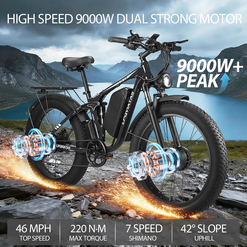 9000W-Peak-Dual-Motor-Ebike for Adults with 52V 34Ah 1768Wh Battery, 42-46MPH Full Suspension Electric Bike, 24'*4.0' Men Adult Fat Tire Mountain Snow Sand AWD Electric Bicycle Commuter