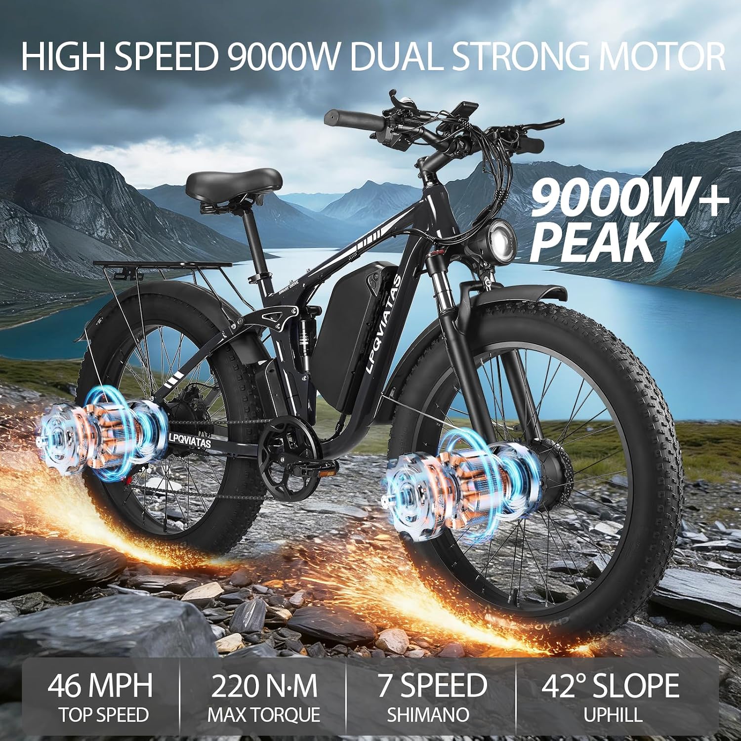 9000W-Peak-Dual-Motor-Ebike for Adults with 52V 34Ah 1768Wh Battery, 42-46MPH Full Suspension Electric Bike, 24'*4.0' Men Adult Fat Tire Mountain Snow Sand AWD Electric Bicycle Commuter