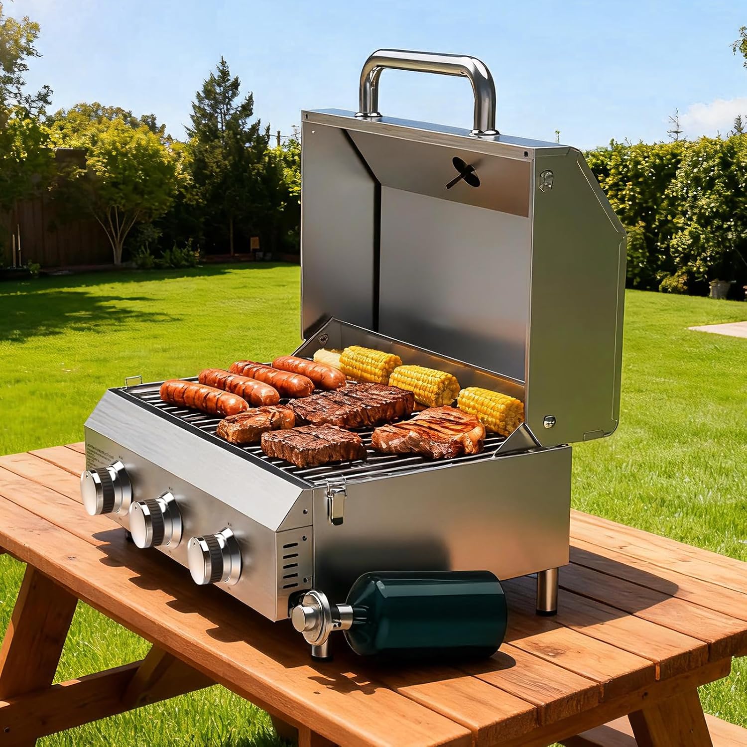 Llamaviva 3 Burner Gas Propane Grill with Dual Fuel Adapter,22500 BTU Stainless Steel Tabletop Portable Grill for Outdoor Barbecue Camping Cooking RV