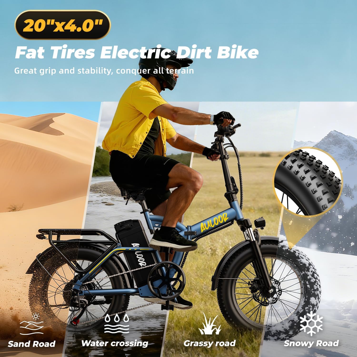 Foldable Electric Bike for Adults, 48V 20Ah Removable Lithium Battery up to 80Miles, 20' Fat Tire 1000W Peak Motor Dirt Ebike Adult Electric Bicycle for Commute Beach Mountain E Bike