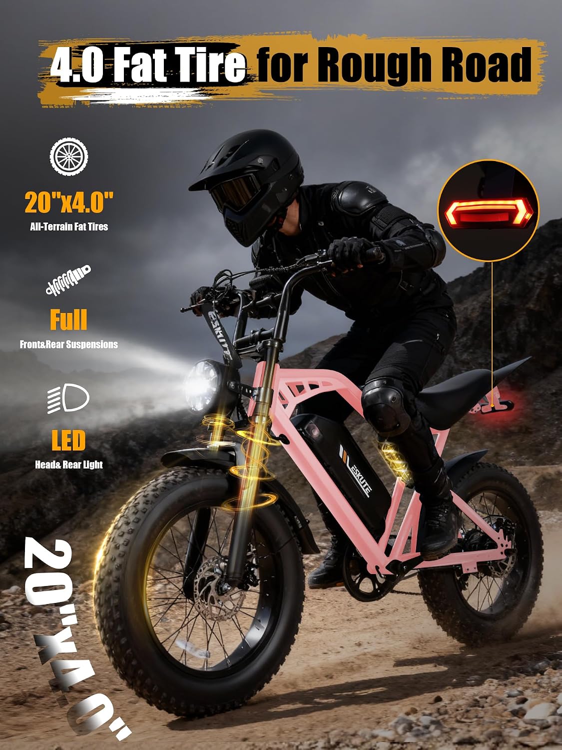 ESKUTE V200 Electric Dirt Bike for Adults,52V20.8Ah Battery,20' x4.0 Fat Tire,32MPH,NFC Unlock Color Display,7-Speed Dual Suspension,Dirt E-Bike,80 Miles, Streamlined Frame, E-Bike for Youth & Adults