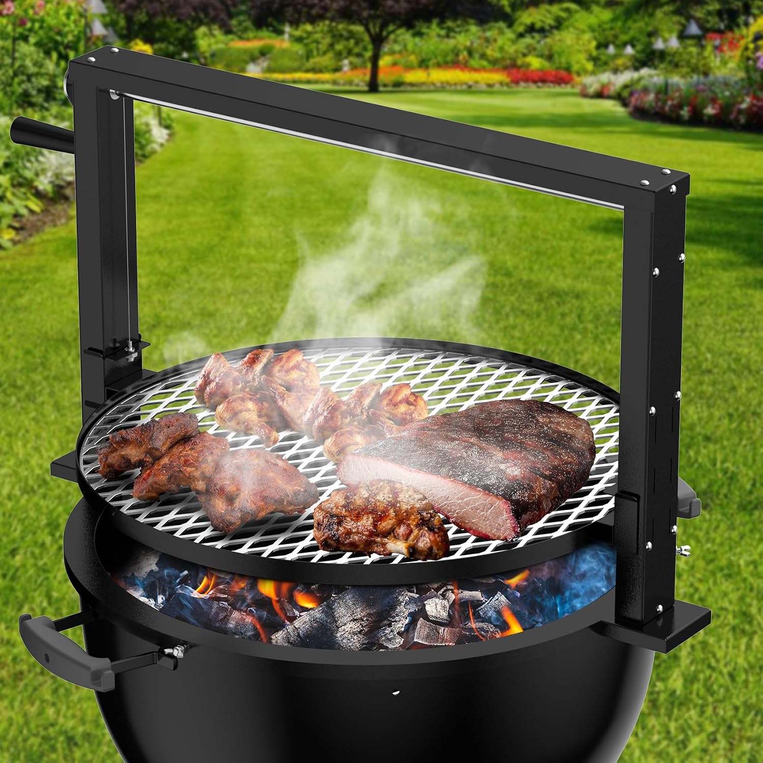 Skyflame Charkettle BBQ Grill Rotisserie System Kit with Adjustable Cooking Grate, Compatible with Weber 22-inch Kettle Grills