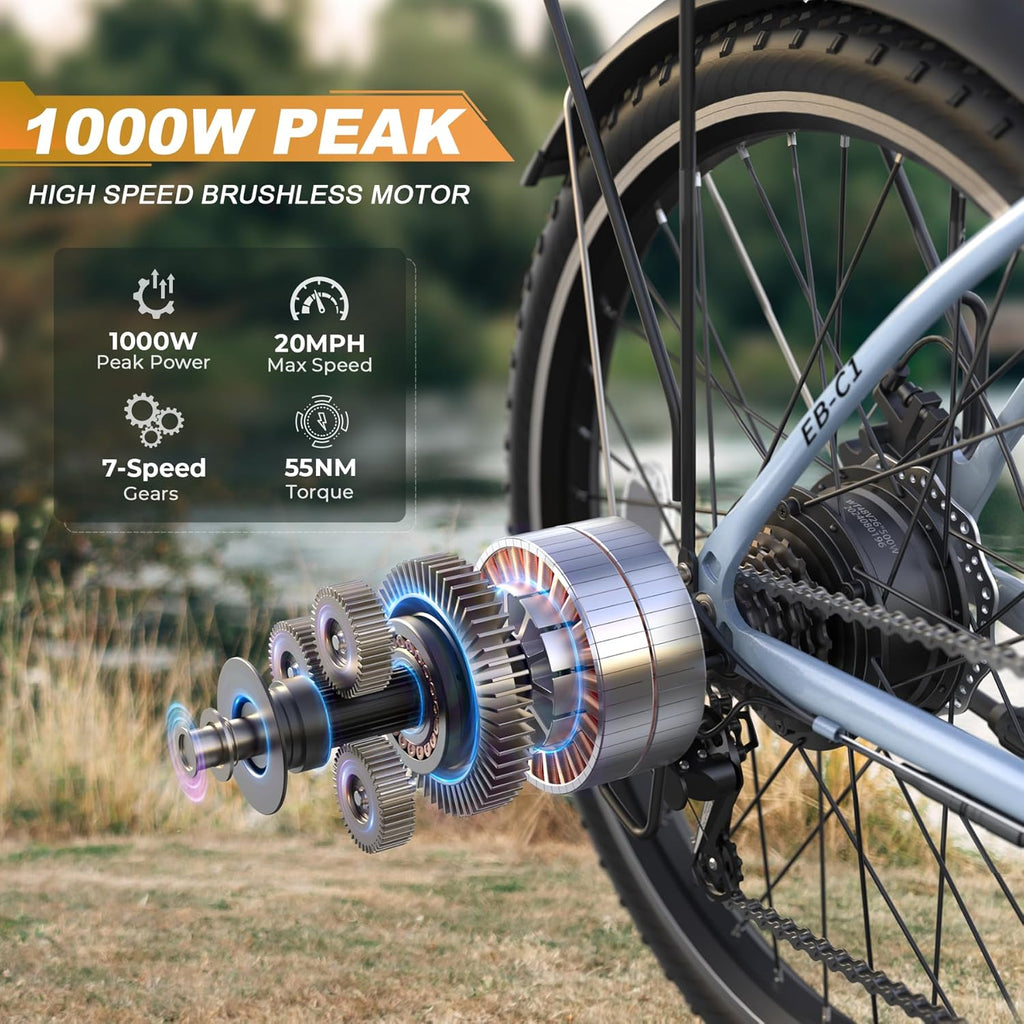 Funhang Electric Bike for Adults, 26' City Cruiser Ebike with 1000W Peak Motor, 20MPH 50 Miles Commuter Adult Electric Bicycles with 48V Battery, Adjustable Stem, 7-Speed, UL 2849 Certified