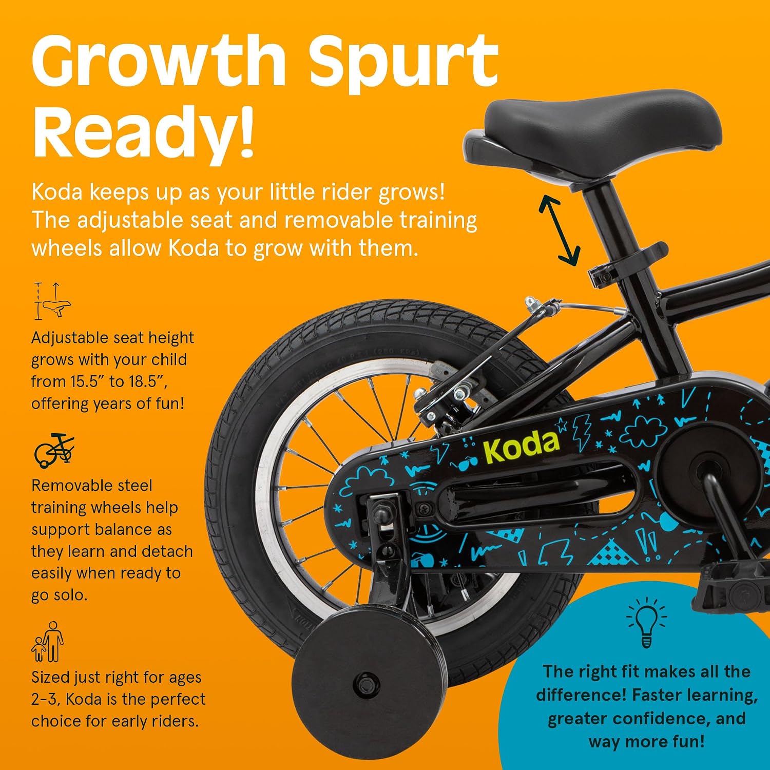 Retrospec Koda Plus Kids Bike for Boys & Girls Ages 2-3 Years - Children's Bicycle, Adjustable Seat & Handlebars, Removable Training Wheels, Front Hand Brakes, Rear Coaster Brake & Safety Bell