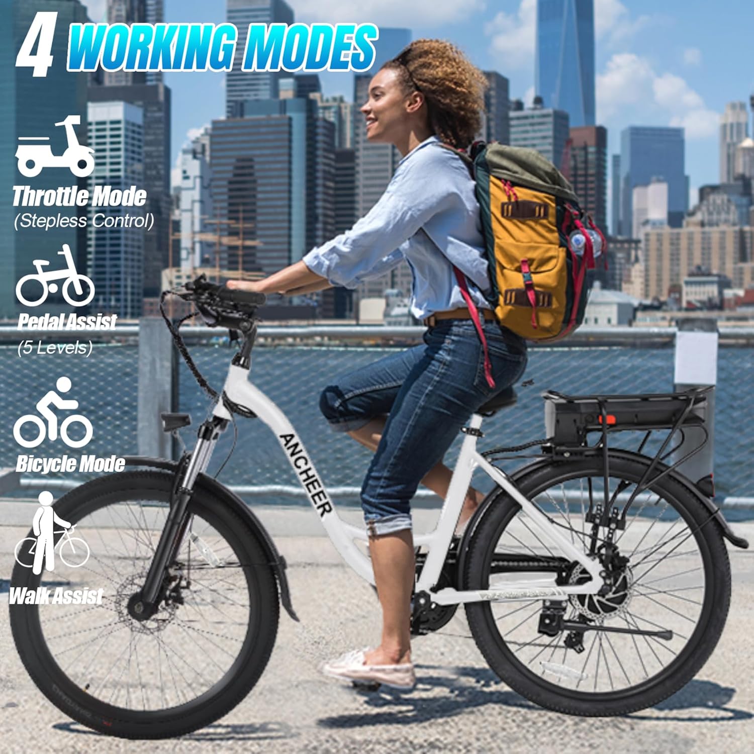 ANCHEER Electric Bike for Adults, 48V 499Wh Ebike, 26' City Commuter Bike with 48V Removable Battery, Up to 55 Miles, 3H Fast Charge, 7-Speed, Step-Thru Cruiser Bike for Women Men, UL2849 Compliant