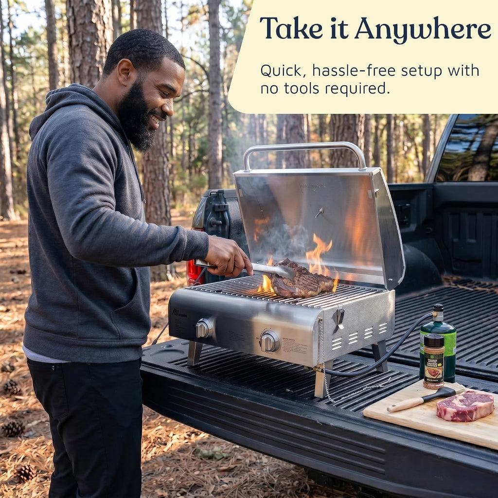 Lifemaster Portable Stainless Steel Gas Grill - 2 Burners Easy Clean Tabletop BBQ Propane Gas Grill with Foldable Legs and Wind Proof Lid for Camping and Outdoor - Silver