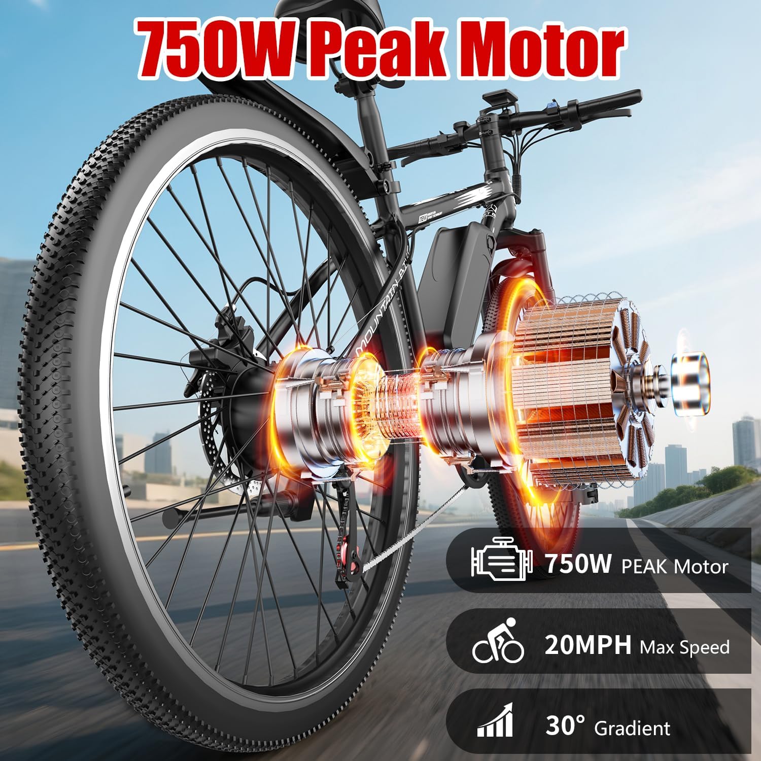Electric Bike for Adults, 750W Electric Mountain Bike with 7-Speed and Front Suspension, 20 mph Folding Bike, 40 Miles PAS Range, 26' Tire