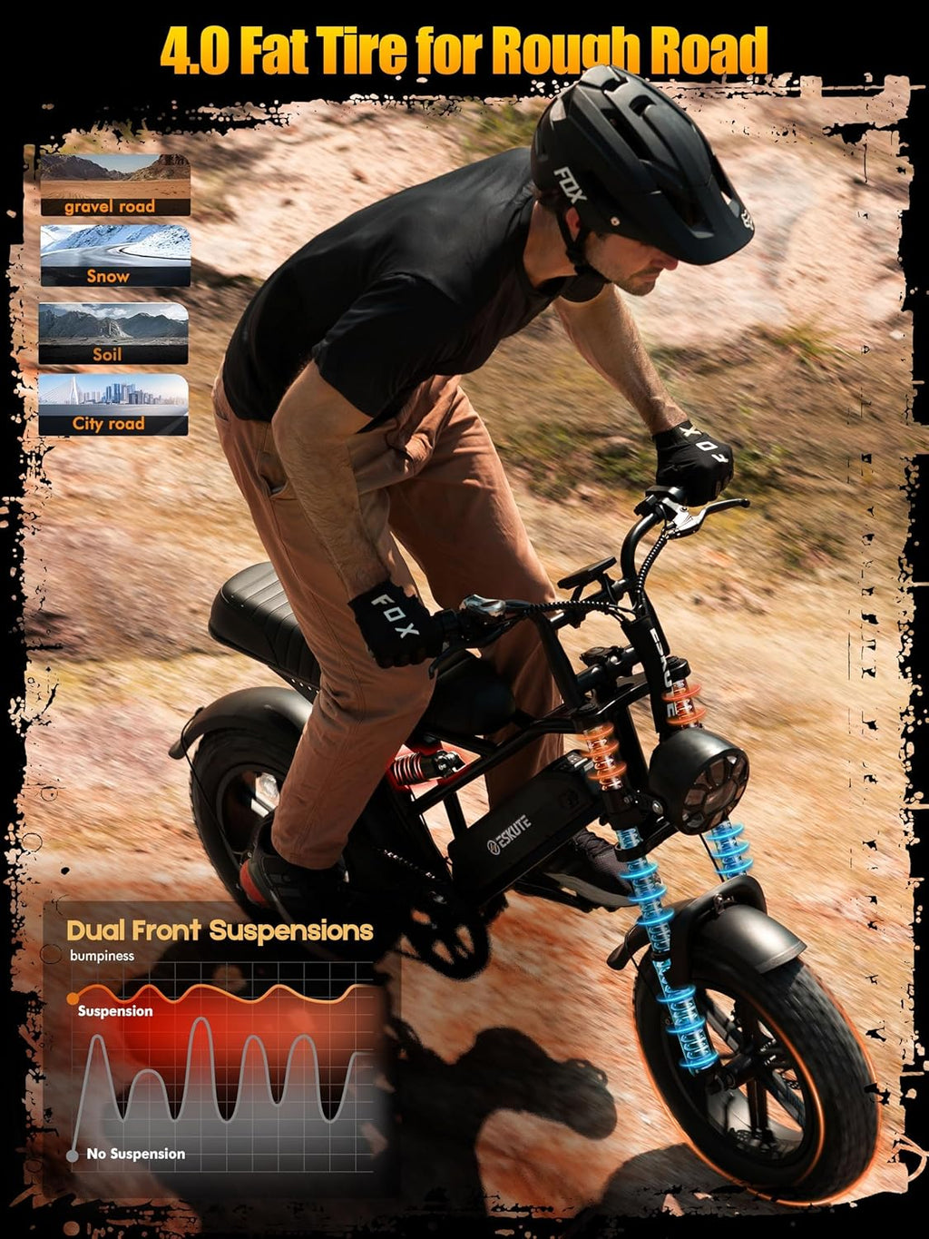 ESKUTE V100 Electric Bike for Adults, Electric Dirt Bike 1500W Peak Motor, All Terrain Dual Suspension E Bike 28MPH Top Speed, Ebike Up to 60 Miles Range, 16' Fat Tire, 48V13Ah Battery, 7-Speed