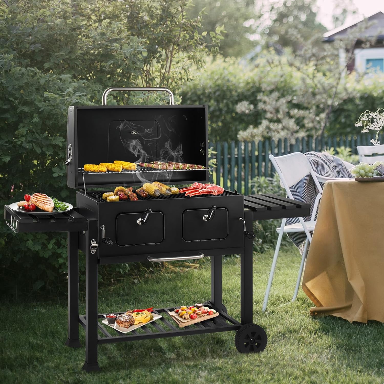 61.5' Portable Charcoal Grill,Metal Outdoor Barbecue Smoker,Heavy Duty Outdoor BBQ Grill,Portable Vertical Camping Barbecue Grill,with Foldable Side Tables,for Garden Patio Beach Backyard (Black)