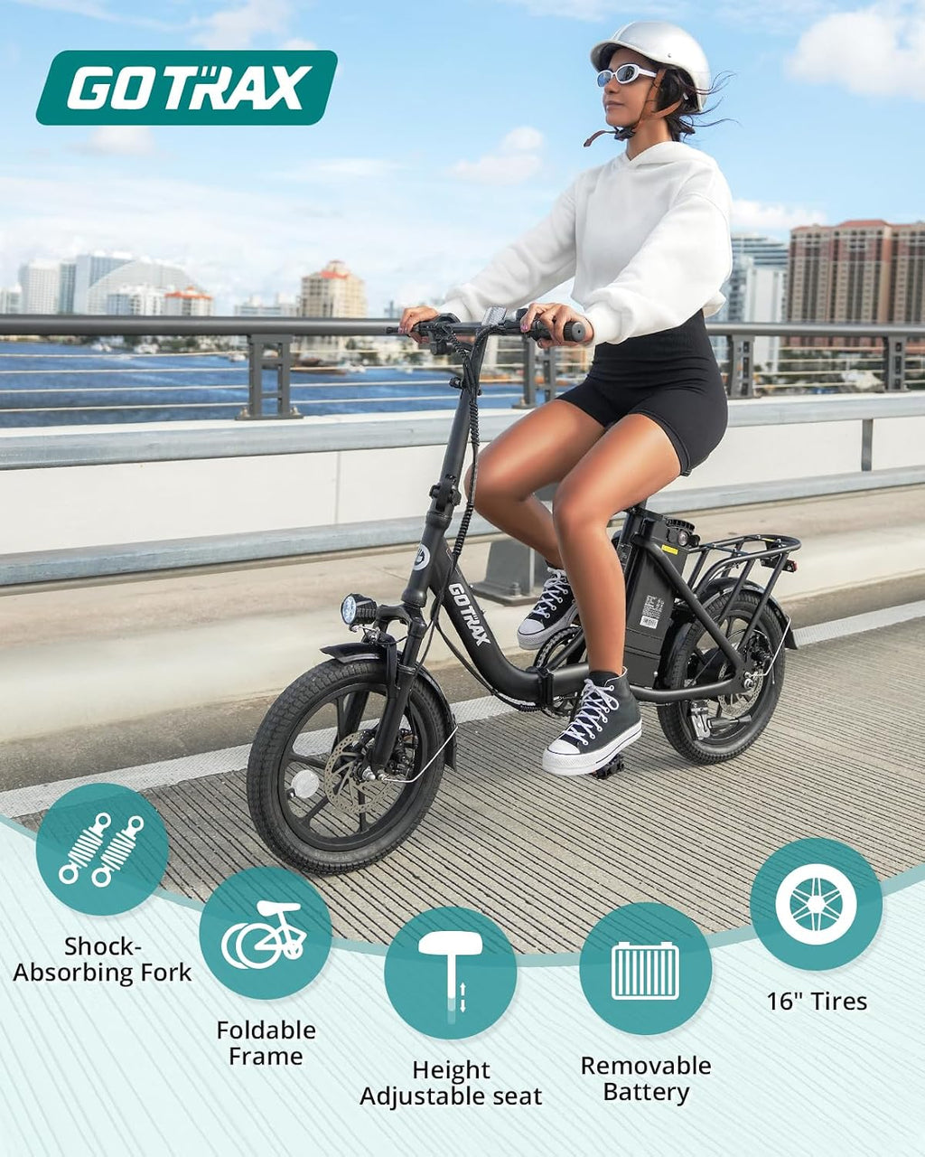 Gotrax 16' Folding Electric Bike, Max 28Miles Range(Pedal-Assist) & Speed 15.5Mph Power by Peak 500W, E-Bike with Removable Battery, Suspension & Adjustable Size, Commuter Bicycle for Adults/Teens