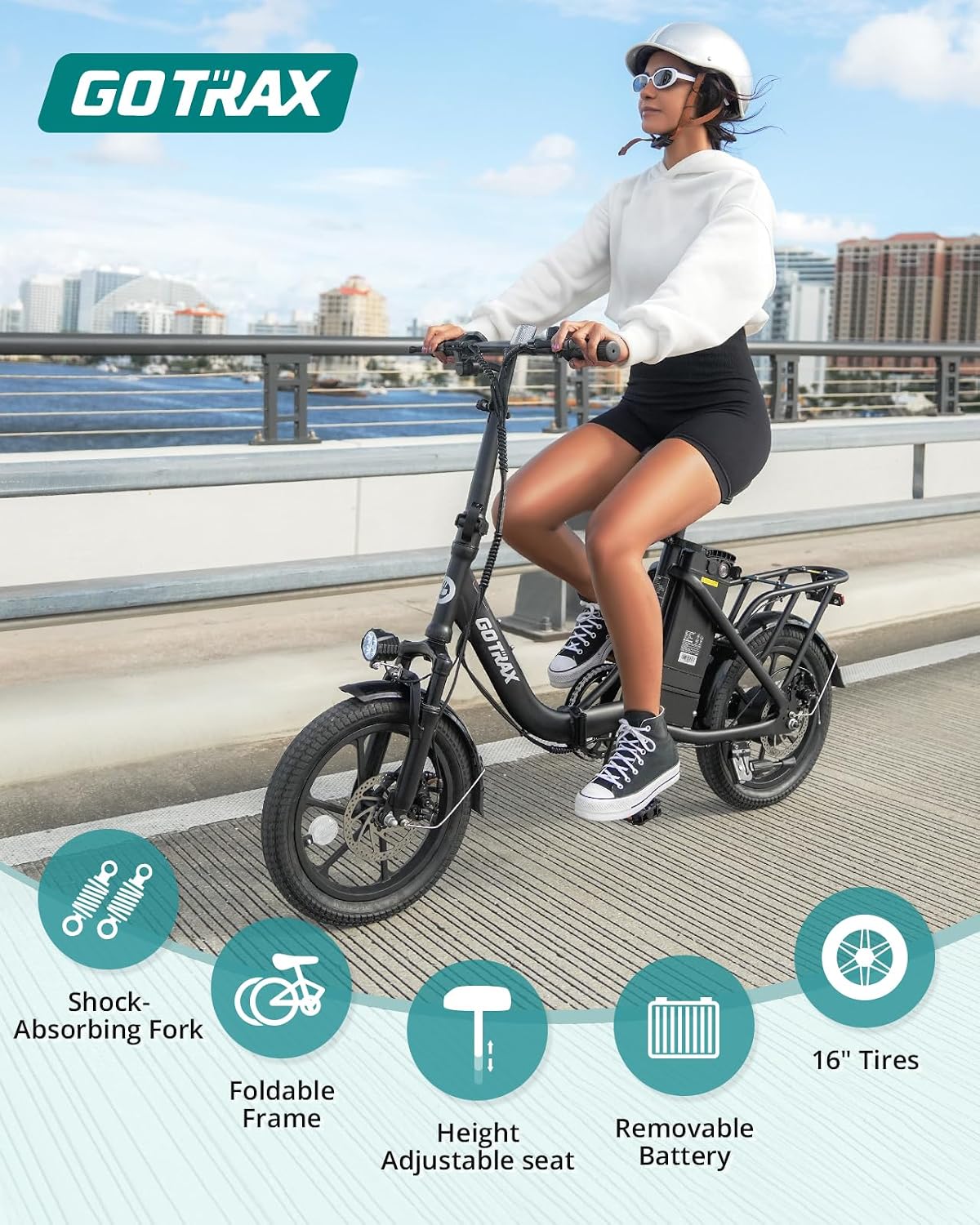 Gotrax 16' Folding Electric Bike, Max 28Miles Range(Pedal-Assist) & Speed 15.5Mph Power by Peak 500W, E-Bike with Removable Battery, Suspension & Adjustable Size, Commuter Bicycle for Adults/Teens