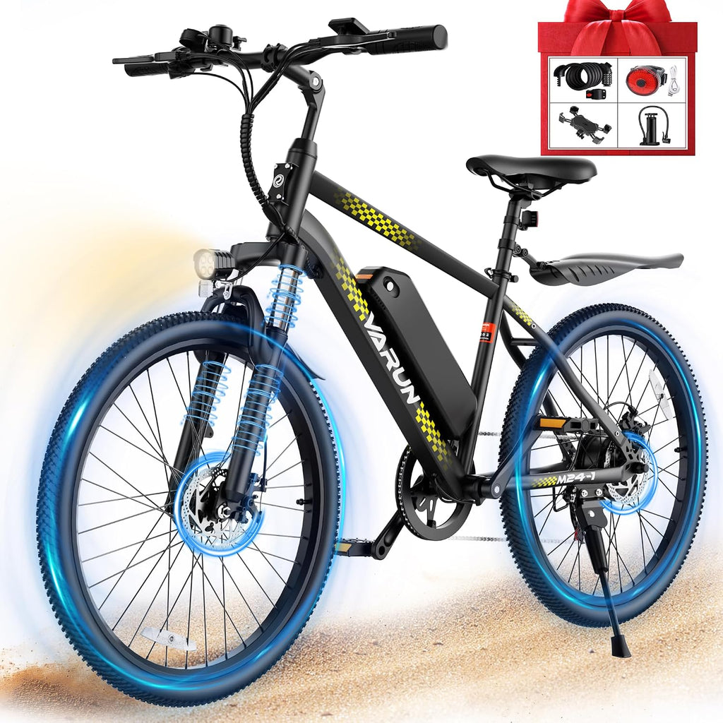 VARUN Electric Bike - 500W Peak Motor, 24/26' All-Terrain E-Bike, Up to 40 Miles & 20 MPH, Removable Battery, 7-Speed, Front Suspension, Dual Disc Brakes, with Free Accessory Pack