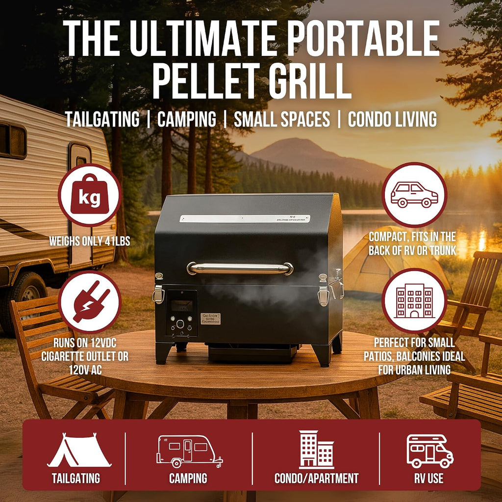 Freedom Portable Pellet Grill & Smoker: Digital Display, Dual Meat Probes, 242 sq in Cooking Area, AC/DC Powered, Black