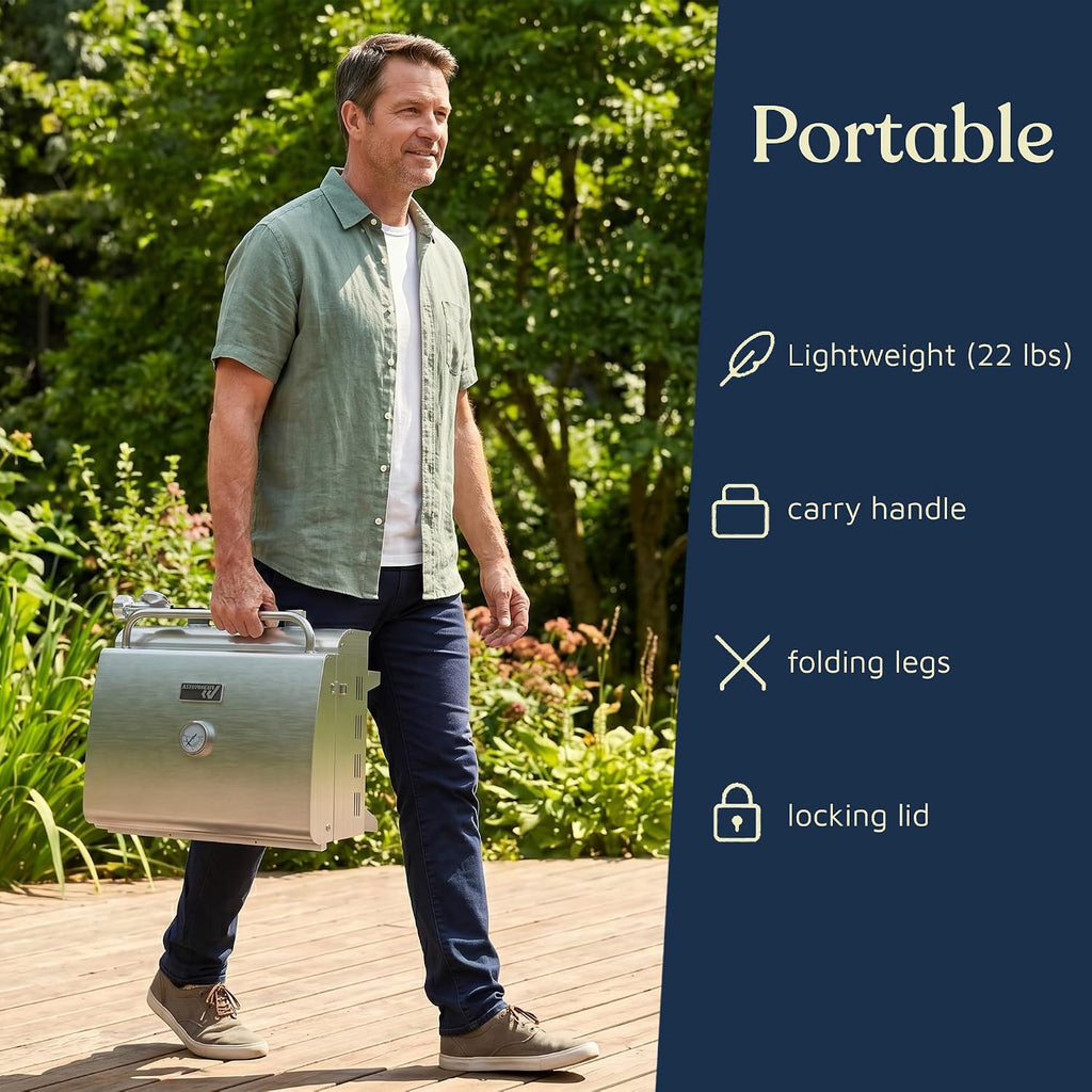 Lifemaster Portable Stainless Steel Gas Grill - 2 Burners Easy Clean Tabletop BBQ Propane Gas Grill with Foldable Legs and Wind Proof Lid for Camping and Outdoor - Silver