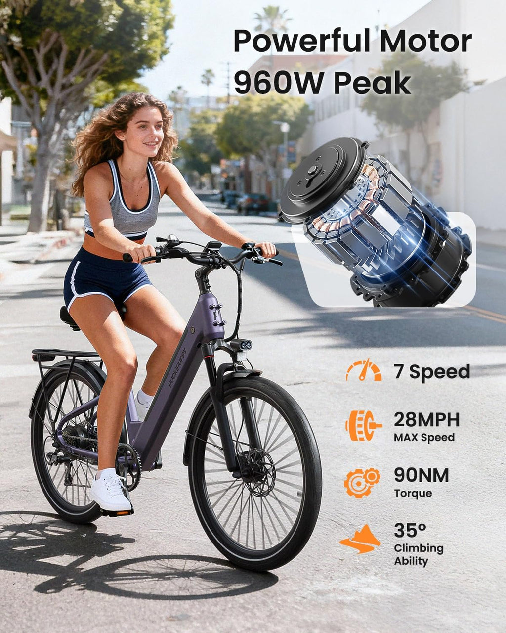 PUCKIPUPPY Parcel+Battery, Electric Bike for Adults 960W, 80Miles 28MPH Commuting Adult Electric Bicycles, 48V15AH Removable Battery Electric Mountain Bike, 7-Speed & LCD Display