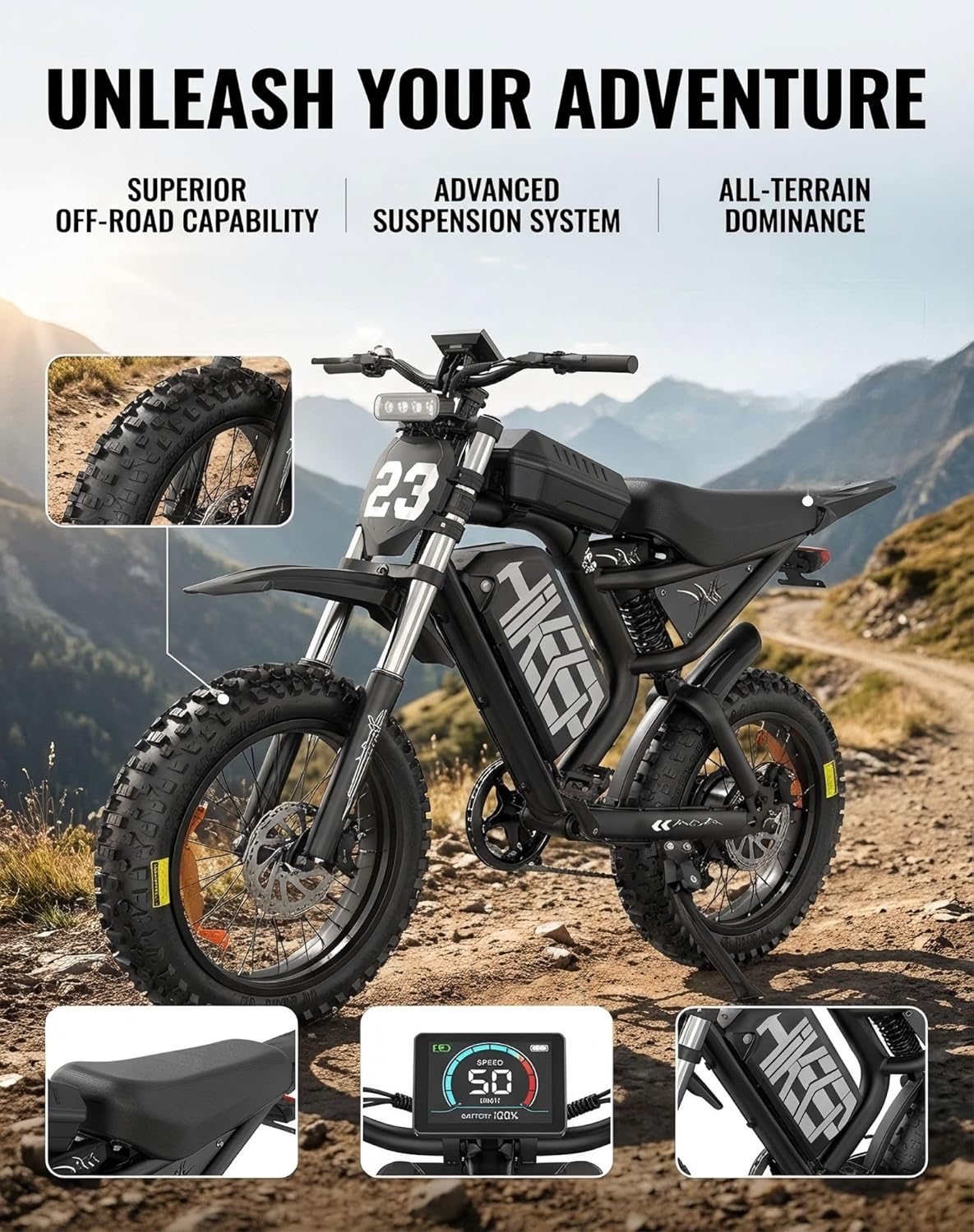 HiKeep Electric Dirt Bike for Adults - Peak 1500W/3000W Electric Bikes, 28-35MPH, 48V/52V 15.6Ah/25Ah/40Ah, 70-120 Mile(PAS Mode), 16/20 Inch All-Terrain Fat Tire Electric Motorcycle