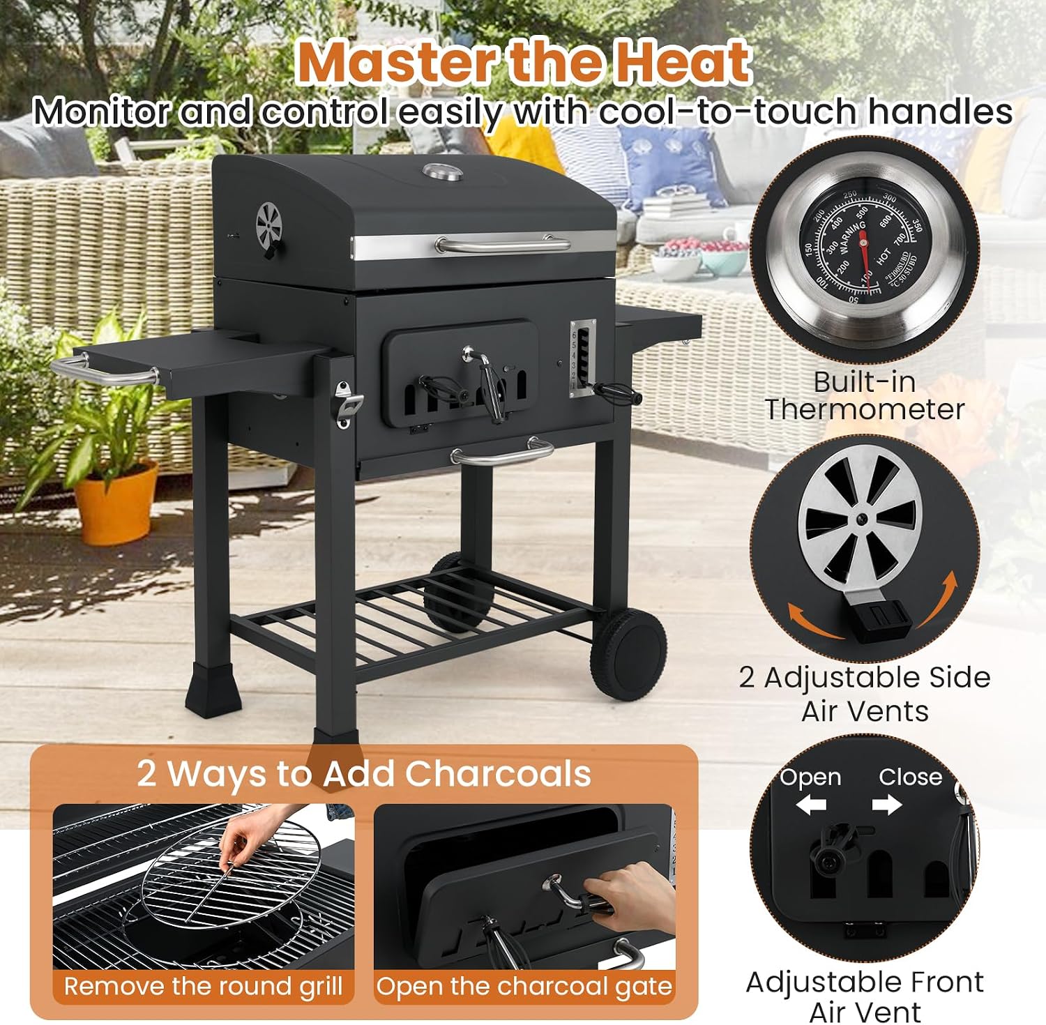 Happygrill Barrel Charcoal Grill with 2 Folding Side Tables, 24-Inch Outdoor Barbecue Grill w/544 sq.in Cooking Area, 6-Gear Charcoal Tray & Storage Shelf, Portable Griddle w/Wheels for Camping Picnic