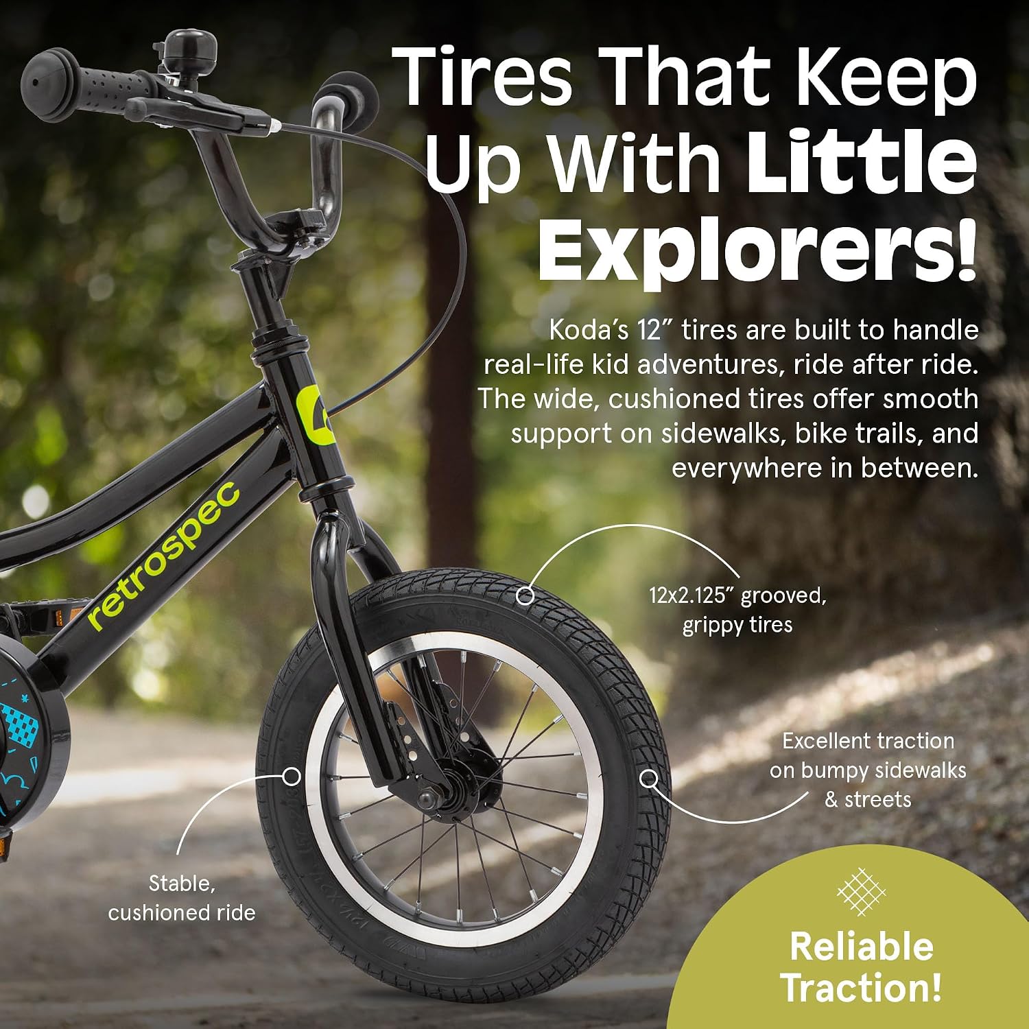 Retrospec Koda Plus Kids Bike for Boys & Girls Ages 2-3 Years - Children's Bicycle, Adjustable Seat & Handlebars, Removable Training Wheels, Front Hand Brakes, Rear Coaster Brake & Safety Bell