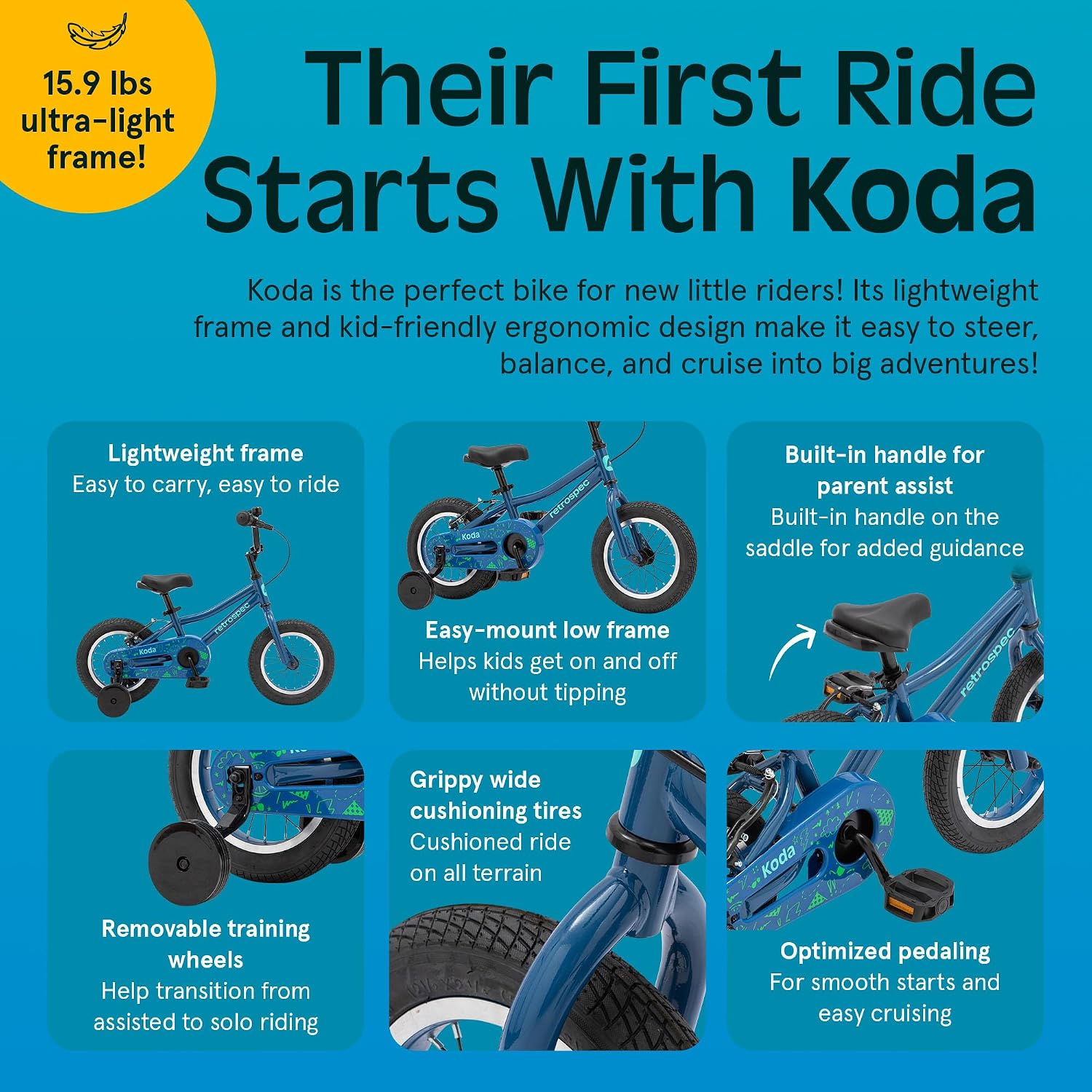Retrospec Koda Plus Kids Bike for Boys & Girls Ages 2-3 Years - Children's Bicycle, Adjustable Seat & Handlebars, Removable Training Wheels, Front Hand Brakes, Rear Coaster Brake & Safety Bell