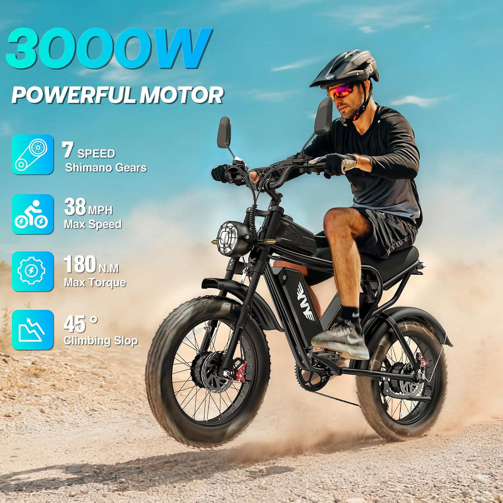 YVY Electric Bike for Adults: 1000W-3000W High Power Dual Motor for Powerful Hill Climbing, UL2849 Certified 20' Fat Tires All-Terrain eBike, Multiple Battery & Long Range Options