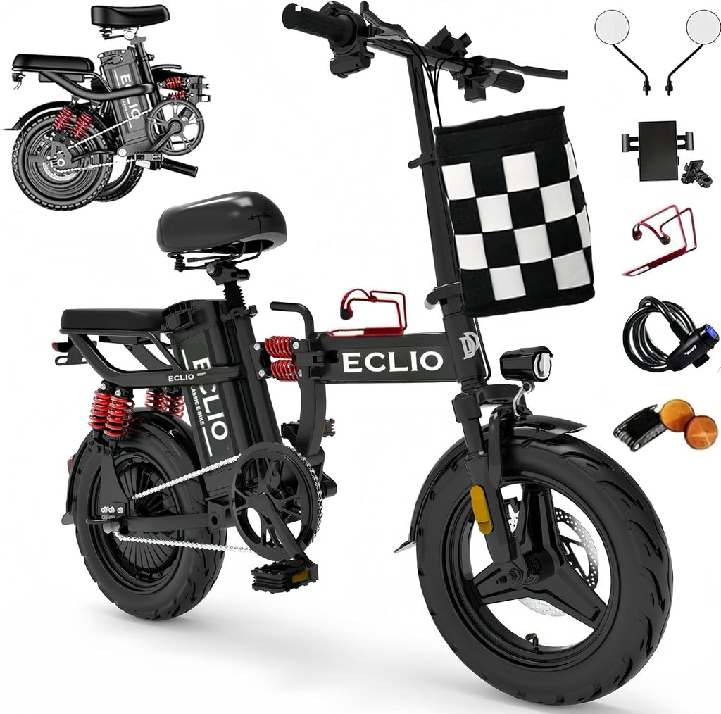 DDC SPORT Folding Electric Bike, Peak 800W Motor 25MPH,48V 14Ah Removable Battery 55Miles Ebike,14'' Lightweight Adults Electric Bicycles for Men/Women/Teens,Mini E-Bike,Full Suspension