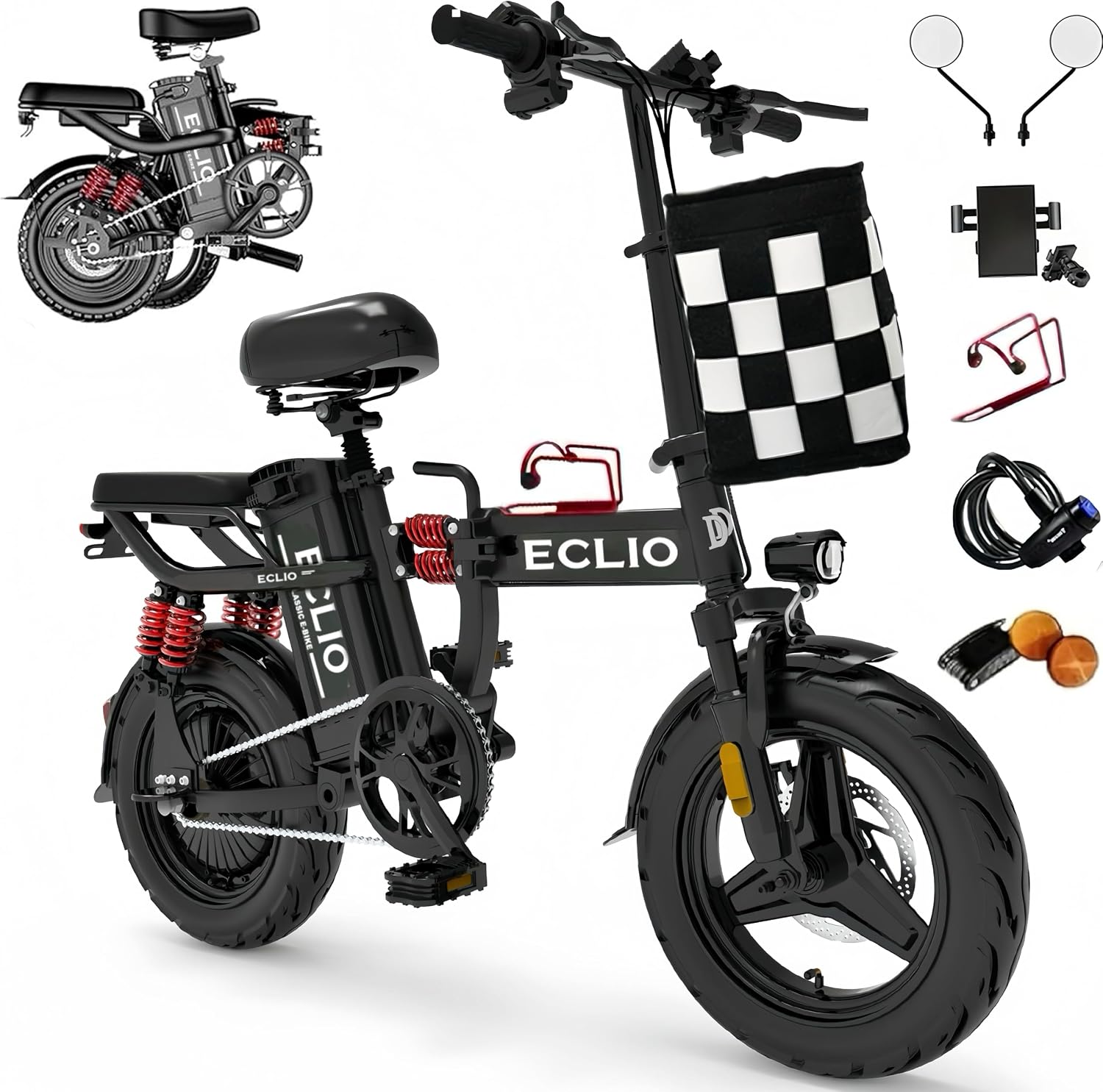 DDC SPORT Folding Electric Bike, Peak 800W Motor 25MPH,48V 14Ah Removable Battery 55Miles Ebike,14'' Lightweight Adults Electric Bicycles for Men/Women/Teens,Mini E-Bike,Full Suspension