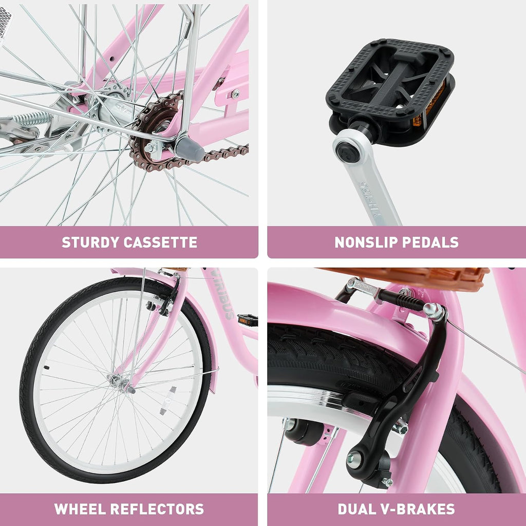 VIRIBUS Beach Cruiser Bike for Women, Single Speed Womens Bike with Basket & Rack 24 26 inch, Retro Step Through Cruiser Bicycle for Petite Short Women Female Ladies City Commuter, 330 lb.