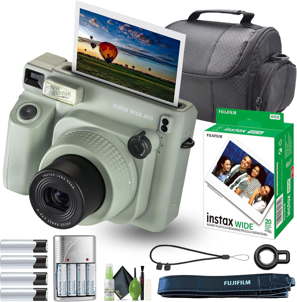 Fujifilm Instax Wide 400 Instant Film Camera Bundle with Fuji Instax Wide Instant Film Color Print (20 Sheets) + Travel Bag + Rechargeable Batteries with Charger and Lens Cleaning Kit