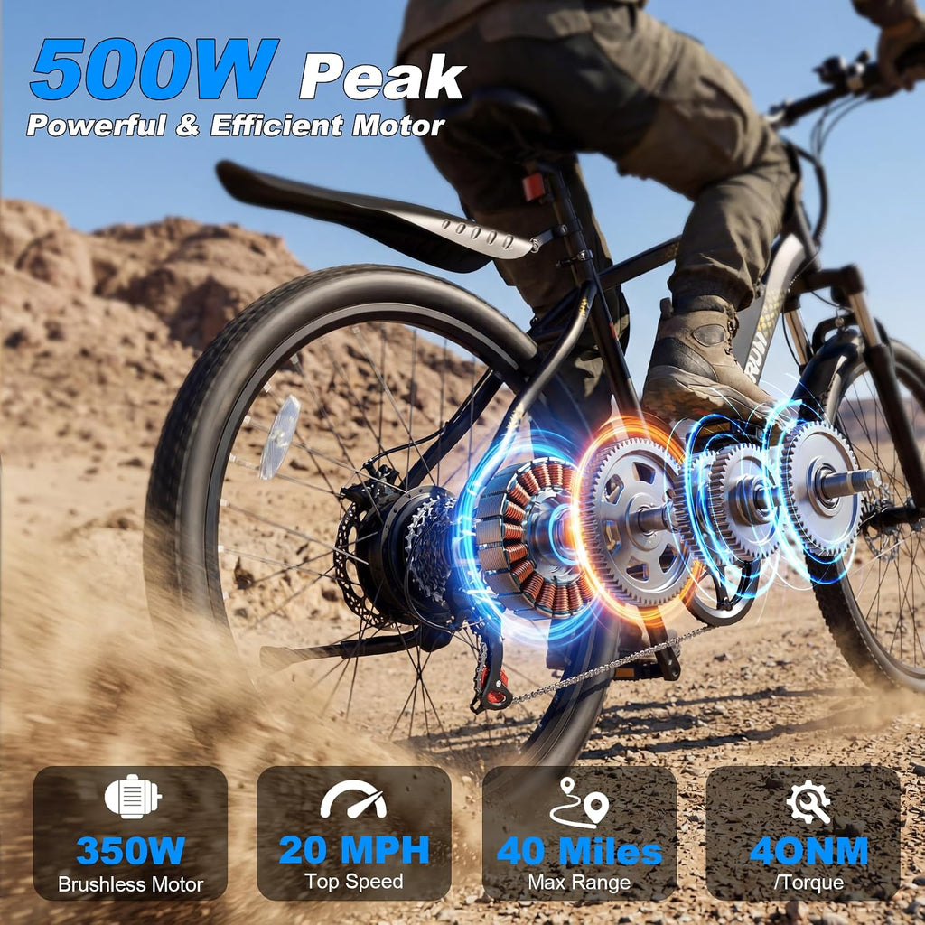 VARUN Electric Bike - 500W Peak Motor, 24/26' All-Terrain E-Bike, Up to 40 Miles & 20 MPH, Removable Battery, 7-Speed, Front Suspension, Dual Disc Brakes, with Free Accessory Pack