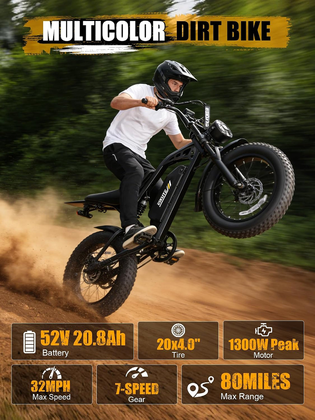 ESKUTE V200 Electric Dirt Bike for Adults,52V20.8Ah Battery,20' x4.0 Fat Tire,32MPH,NFC Unlock Color Display,7-Speed Dual Suspension,Dirt E-Bike,80 Miles, Streamlined Frame, E-Bike for Youth & Adults