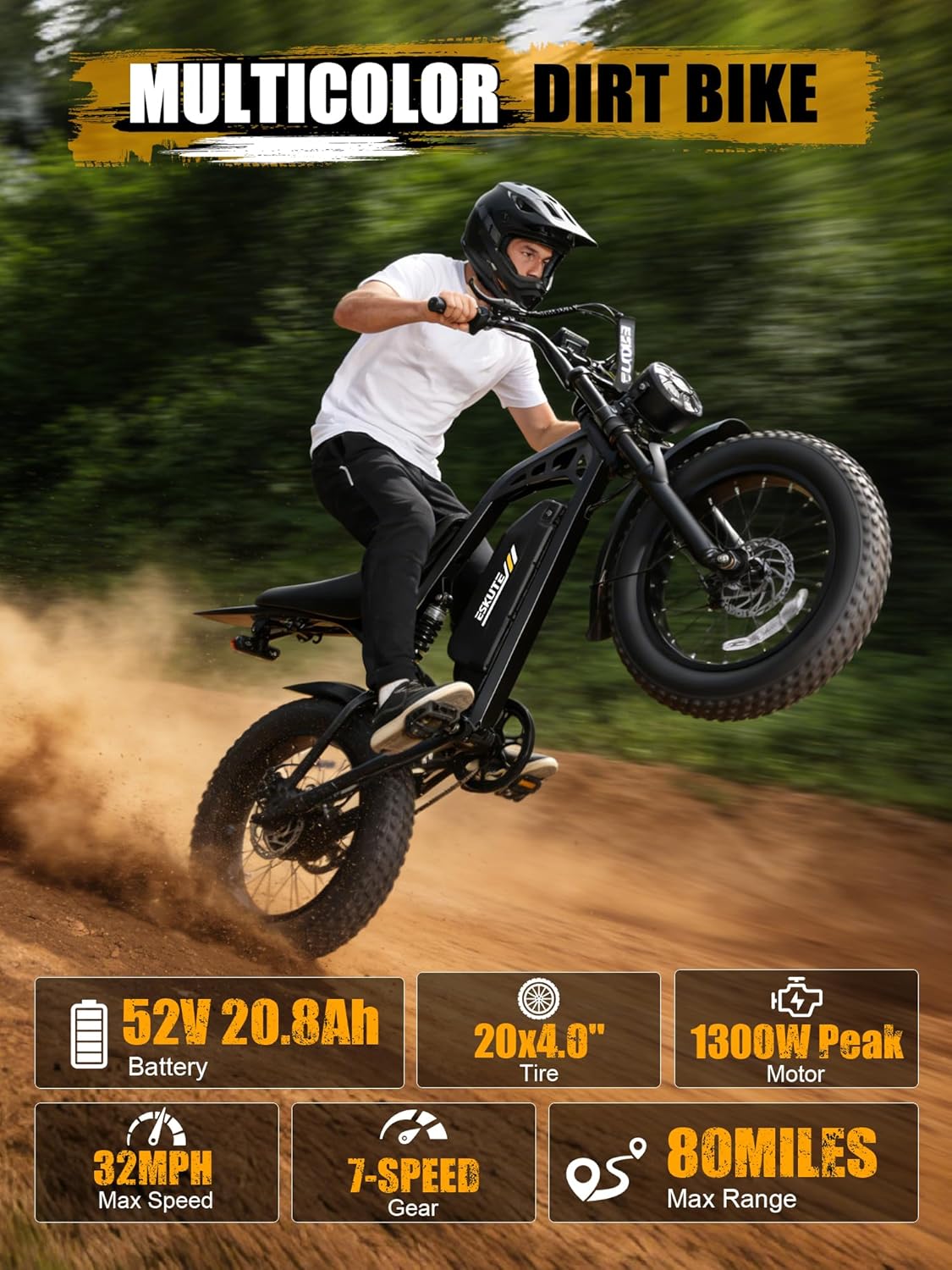 ESKUTE V200 Electric Dirt Bike for Adults,52V20.8Ah Battery,20' x4.0 Fat Tire,32MPH,NFC Unlock Color Display,7-Speed Dual Suspension,Dirt E-Bike,80 Miles, Streamlined Frame, E-Bike for Youth & Adults
