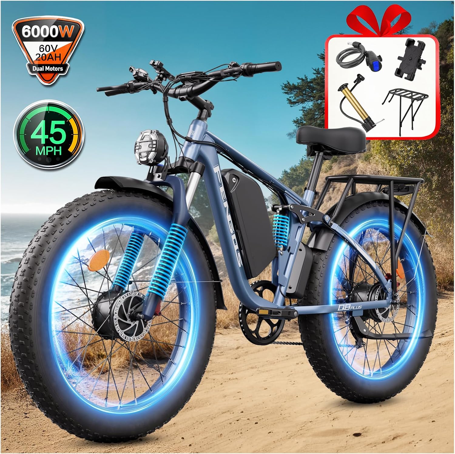 6000W Electric Bike for Adults,60V 1200WH 45MPH Dual Motor Mountain Ebike Up to100 Miles Long Range Electric Bicycle 24' Fat Tire Fast Bicycle for Men Women Full Suspension Brake/Turn Signal