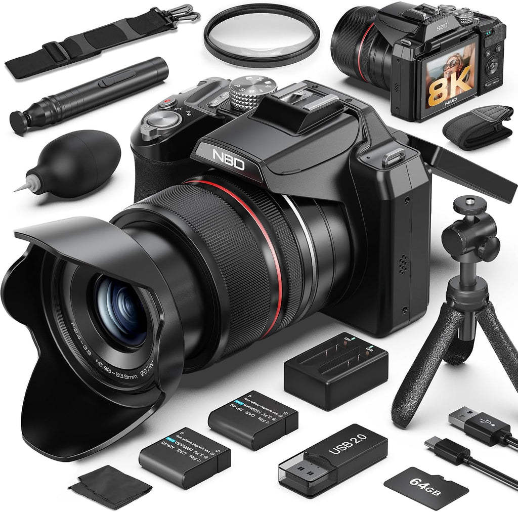 8K & 64MP Professional Cameras for Photography, 48X Zoom (16X Optical + 3X Digital) with Moon Mode, 180° Flip Screen, WiFi, Micro HDMI, 64GB Card & 2 Batteries, Digital Camera for YouTube