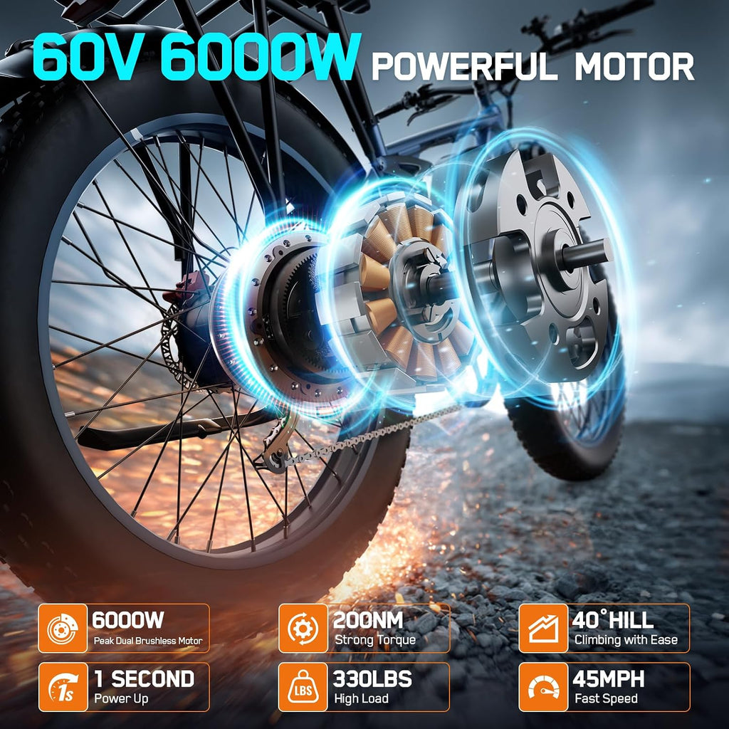 6000W Electric Bike for Adults,60V 1200WH 45MPH Dual Motor Mountain Ebike Up to100 Miles Long Range Electric Bicycle 24' Fat Tire Fast Bicycle for Men Women Full Suspension Brake/Turn Signal