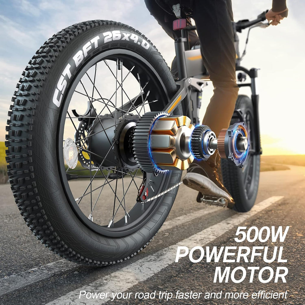 Wooken 26' x4.0 Fat Tire Electric Bike, Folding Electirc Bike for Mountain Commuter, 500W Motor 19.8 MPH, Ebikes for Adults with 48V/10.4Ah Removable Battery, Suspension Fork, 21 Speed Ebike