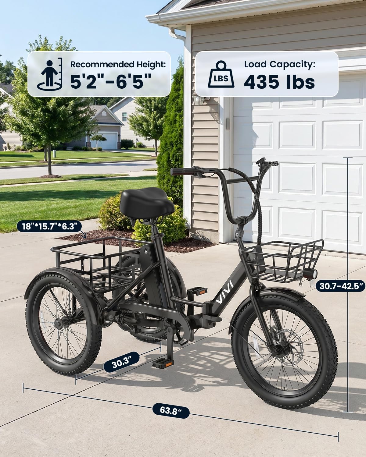 Vivi T01 20' x2.6 Fat Tire Electric Tricycle for Adults, 750W Peak 20'' Folding 3 Wheels Electric Bike, 95% Pre-Assembled, Speed Differential, 15.5MPH Eletric Trike with Bracket