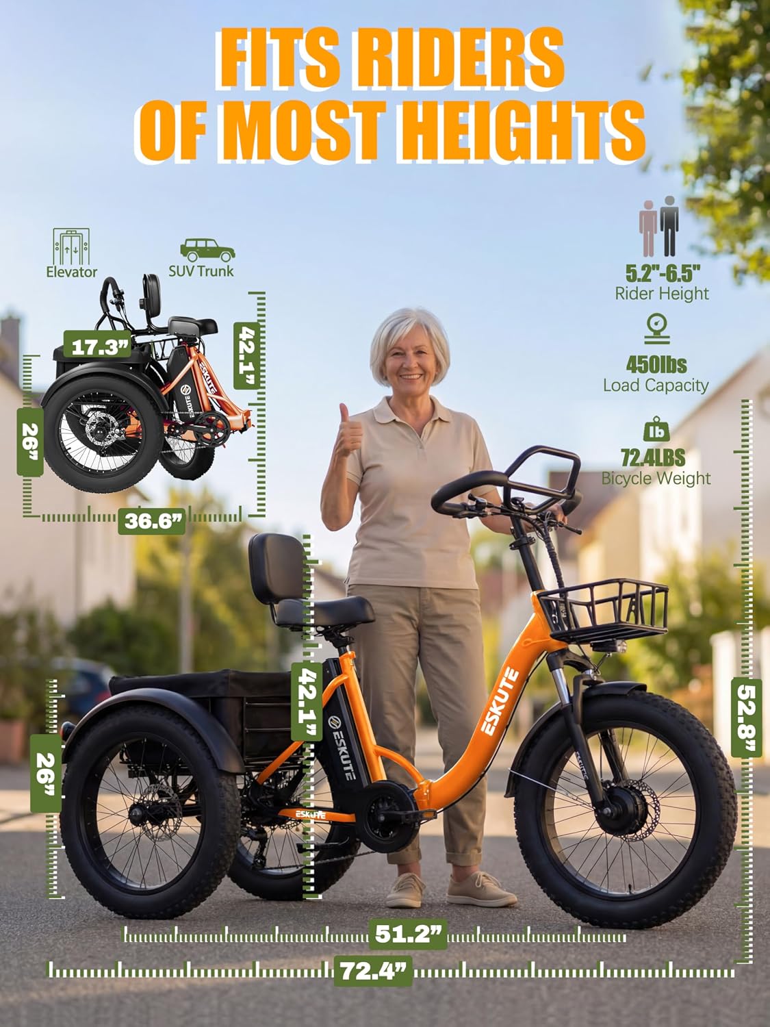ESKUTE T300 Pro Electric Trike for Adults, 998.4Wh Long-Range Battery, 1200W Peak Motor, 20'x4.0' Fat Tires, Foldable 3-Wheel Butterfly Handlebar E-Bike with Storage Bags