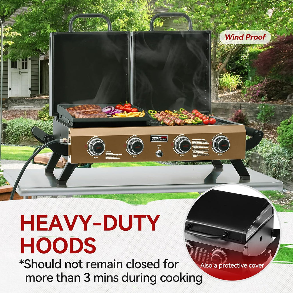 GD4002TPY Portable Tabletop Grill & Griddle Combo with Hood, 4-Burner Portable Propane Gas Grill Griddle Combo for Backyard, Camping, Picnicking and Tailgating, 40,000 BTU, Bronze Gold