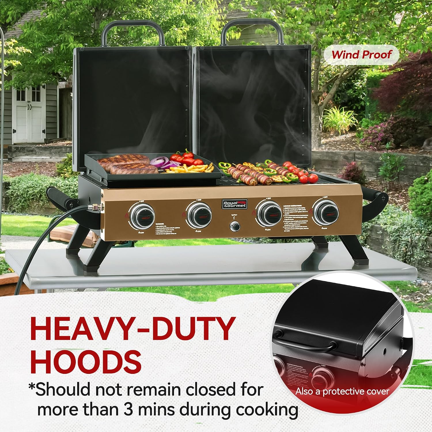 GD4002TPY Portable Tabletop Grill & Griddle Combo with Hood, 4-Burner Portable Propane Gas Grill Griddle Combo for Backyard, Camping, Picnicking and Tailgating, 40,000 BTU, Bronze Gold
