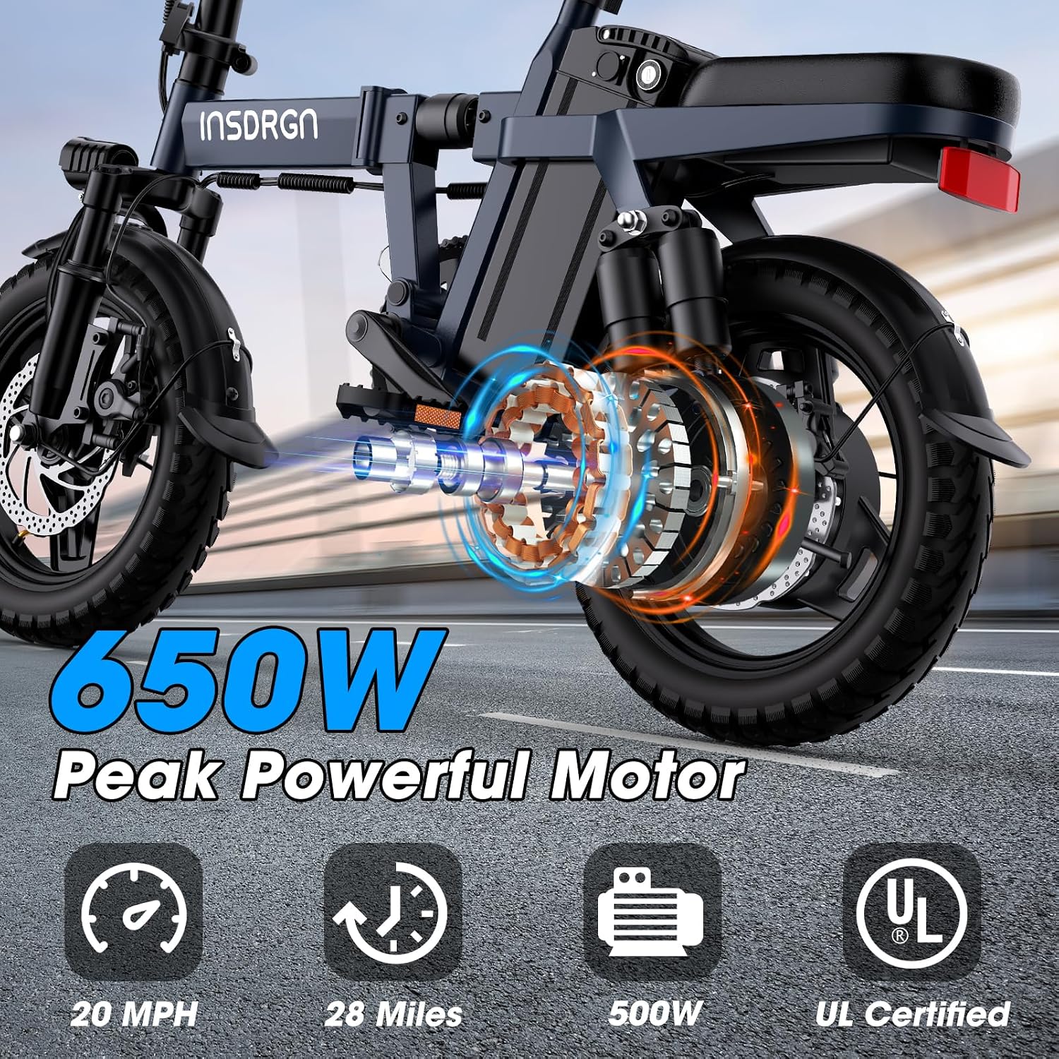 INSDRGN Electric Bike for Adults and Teens,14' Folding Adult E Bike with 650W Peak Motor,20MPH,28Miles Range,Advanced 9-Point Suspension & Dual Disc Brake,Removable Battery,UL 2849 Certified