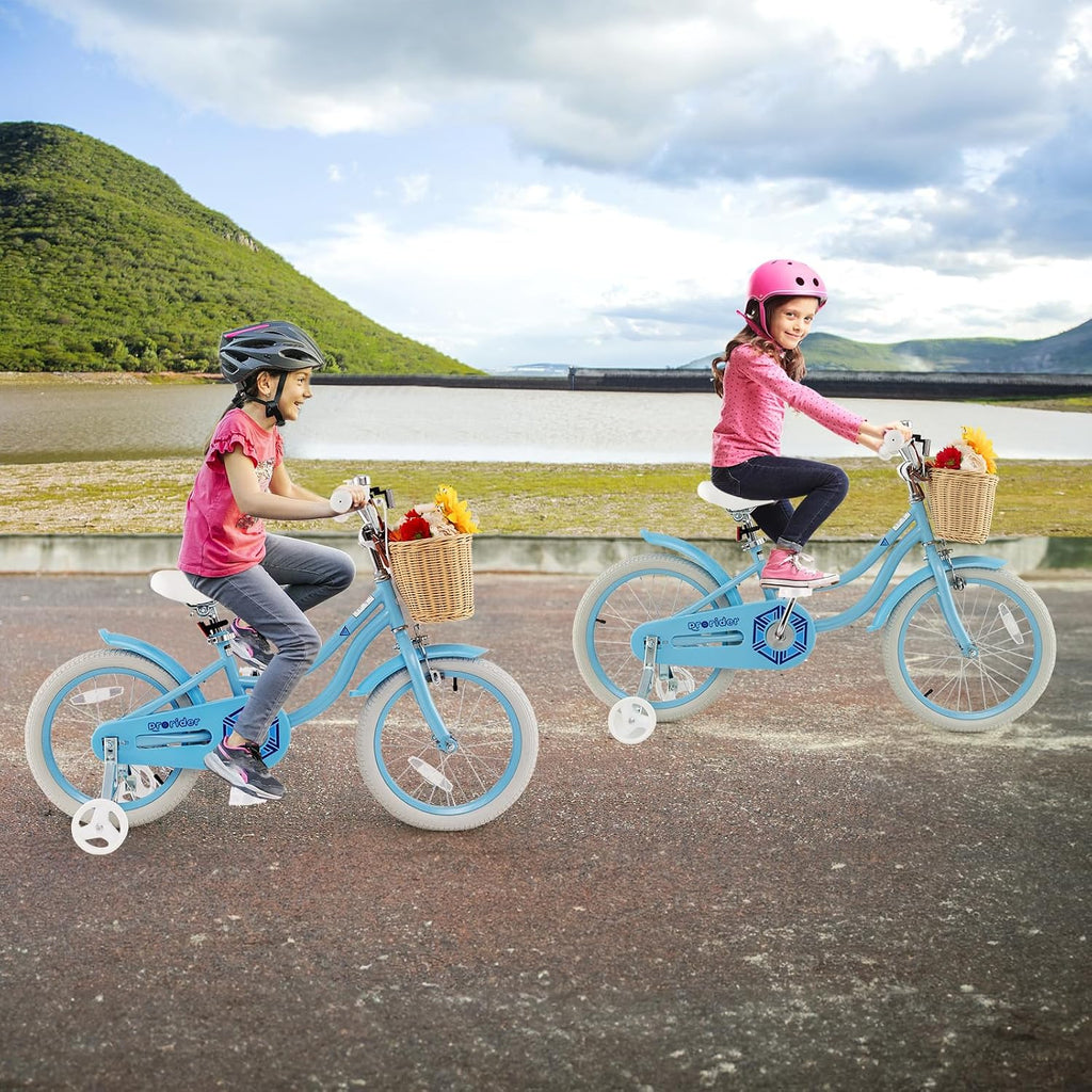 BABY JOY Kids Bike, 14 16 18 Inch Retro Kids Bicycles for 3-8 Years Old Children with Training Wheels, Adjustable Height, Rattan Basket, Handbrake & Coaster Brake, Boys Girls Bike (Pink, Green, Blue)