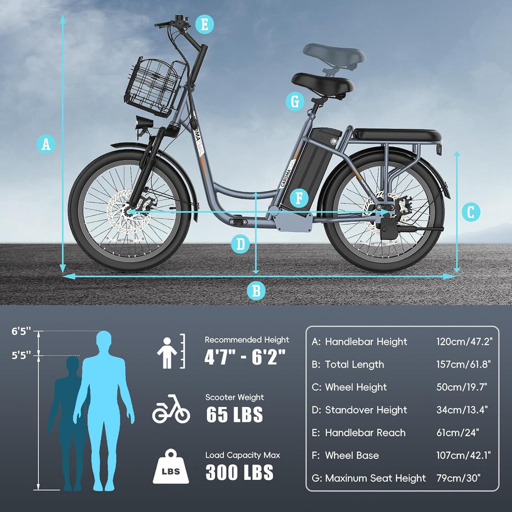 Caroma Peak 500W/800W/1200W Electric Scooter with Seat, 20' Fat Tire Electric Bike with 48V Removable Battery, Up to 30Miles & 20MPH, Adult Scooter for Commuting with Basket&Adjustable Seat