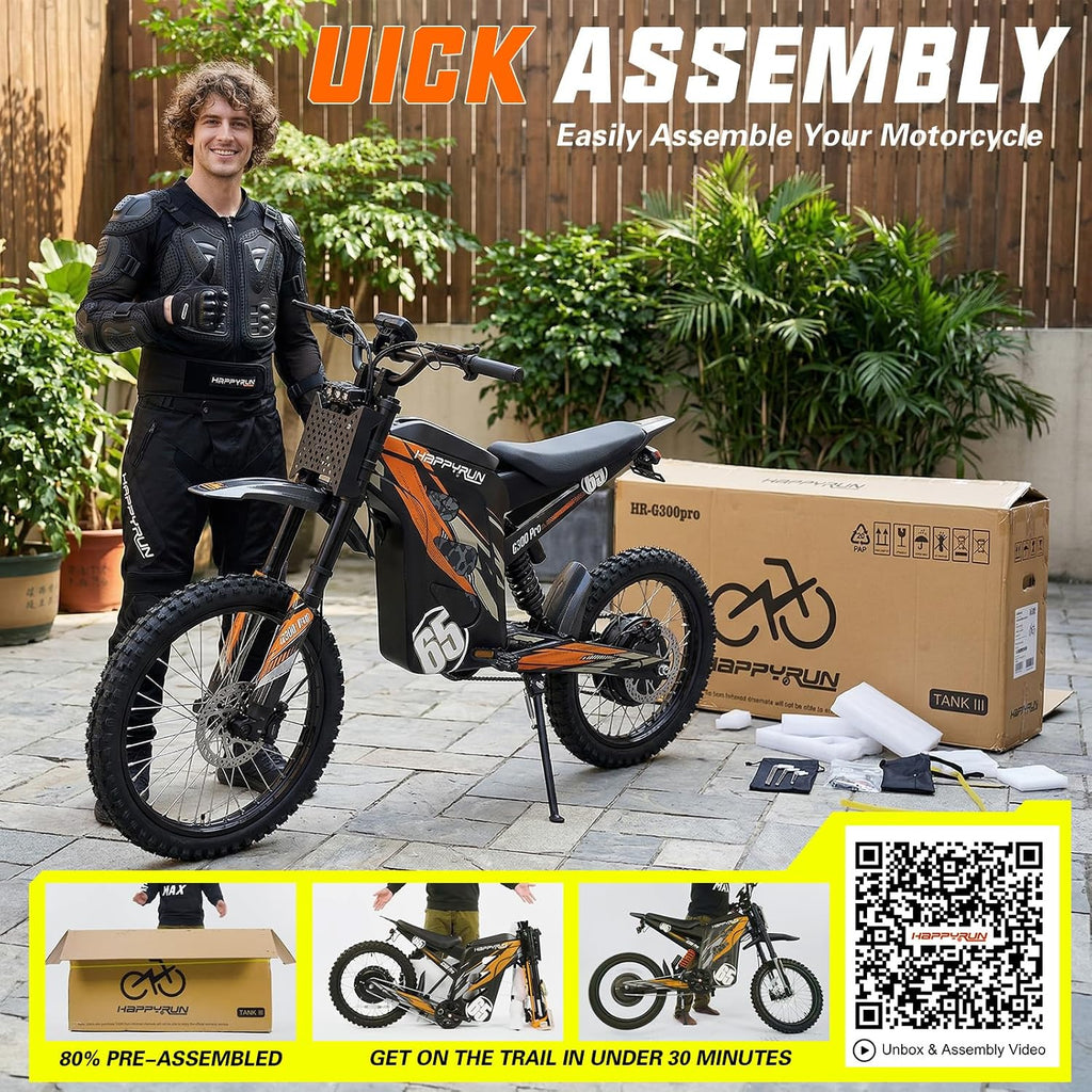 HAPPYRUN G300 Pro Electric Dirt Bike for Adults, 72V 30Ah Battery, 6500W Motor, 50 MPH Speed, 70 Mile Range, 350 Lbs Load Capacity, Hydraulic Brakes