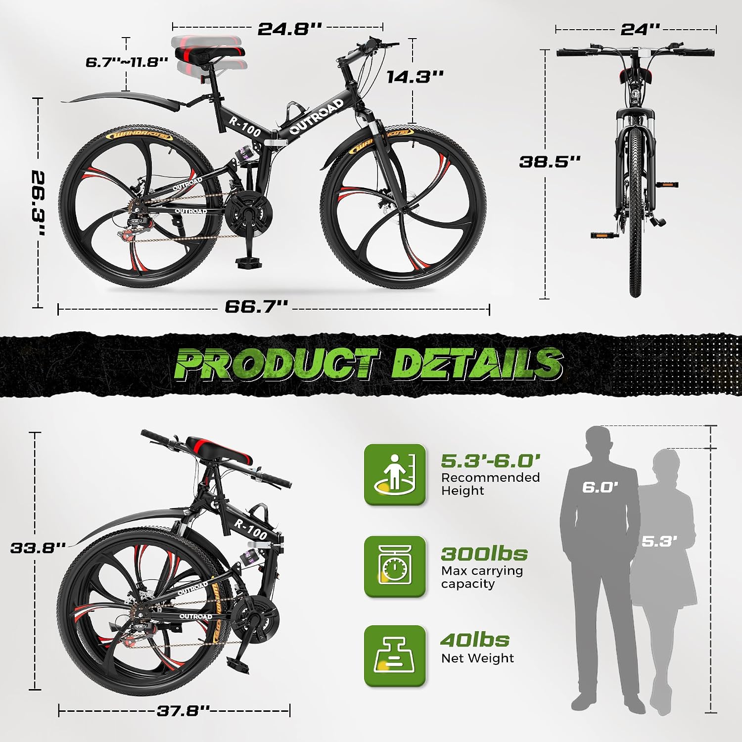 26 Inch Adult Folding Bikes/Mountain Bikes, 21 Speeds Mountain Bicycles with Full Suspension, Dual Disc Brake, High Carbon Steel Frame, Foldable Bike for Men/Women/Teen, HM-Black