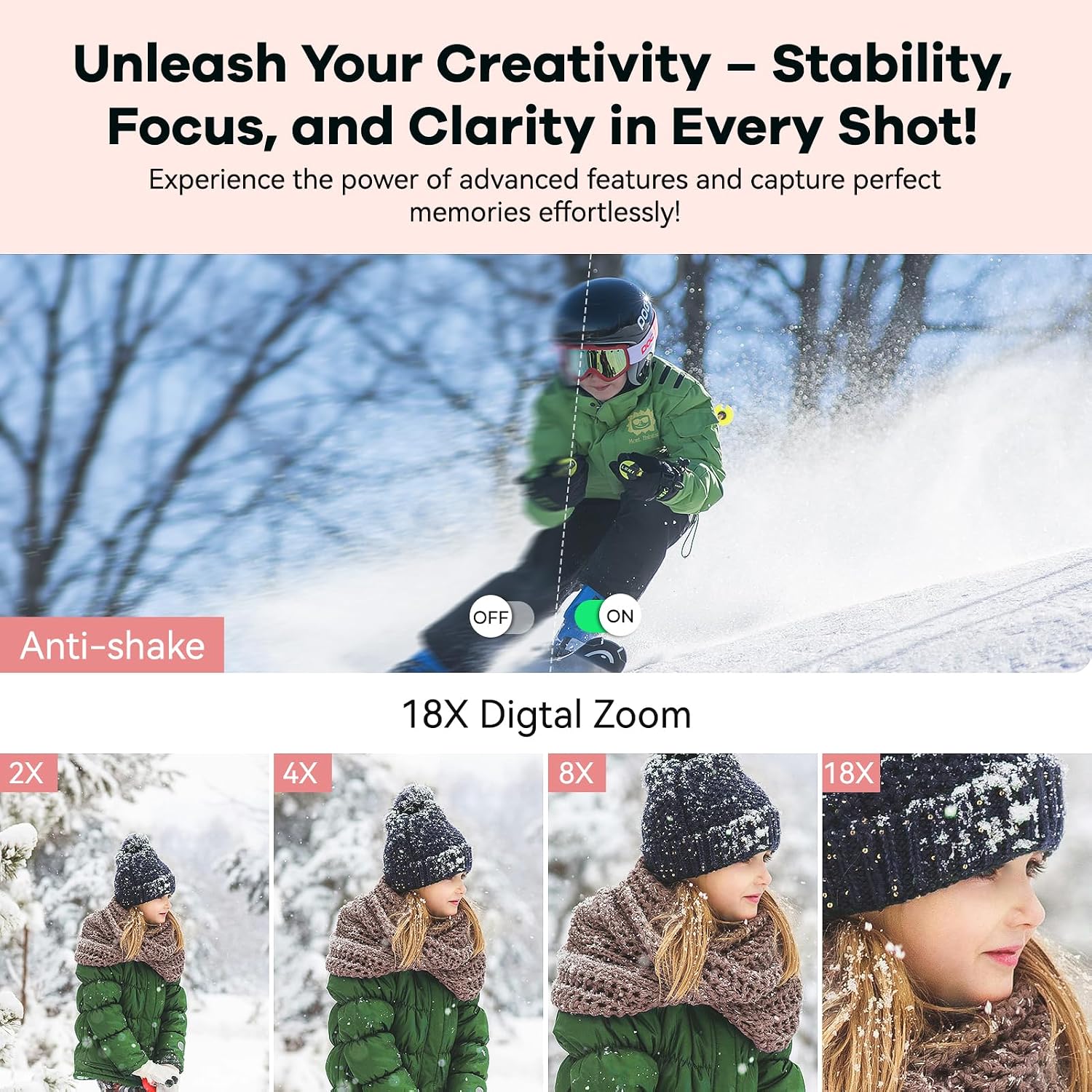 Digital Camera FHD 4K with Dual Screen 64GB SD Card 2 Batteries,18X Zoom,Anti Shake Portable Rechargeable Camera for Boys Girls Kids,Pink