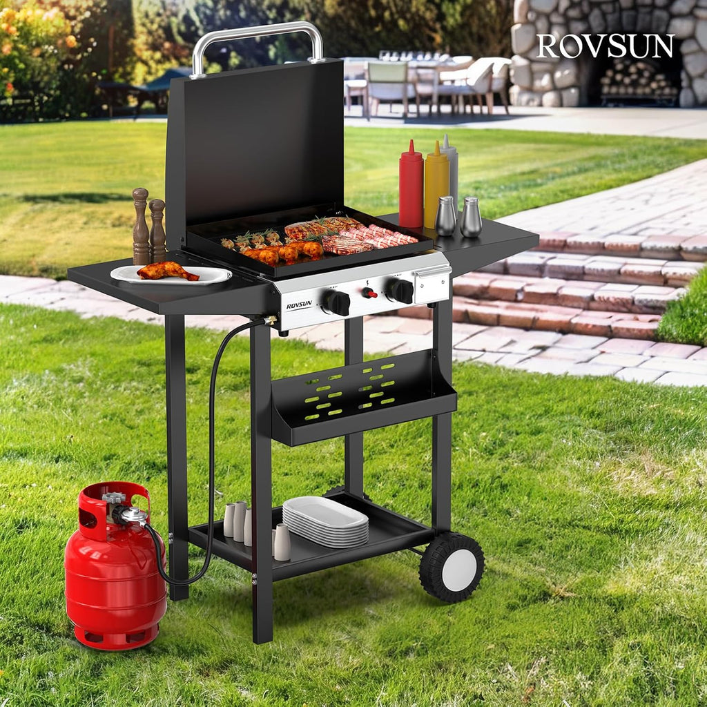 ROVSUN 2 Burner Portable Propane Griddle with Electronic Ignition, 20000 BTU Rolling Flat Top Gas Grill with Enameled Tray & Lid, Side Shelves & Regulator for Outdoor Cooking Camping BBQ Tailgating