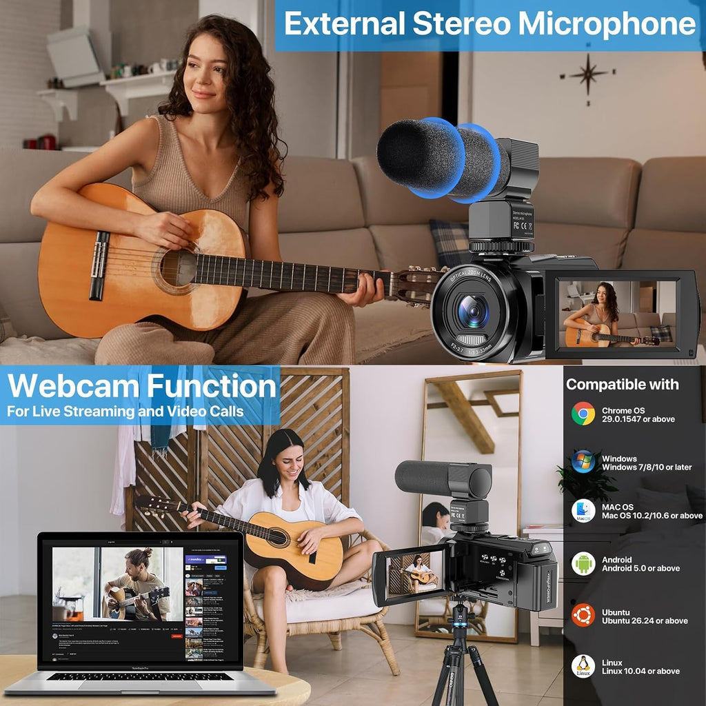 FJFJOPK 5K Video Camera Camcorder, 10X Optical Zoom 48MP UHD 30FPS Vlogging Camera for YouTube, Photography Recorder Camera with 270° 3' Rotation Screen, Microphone, Stabilizer, Remote Control