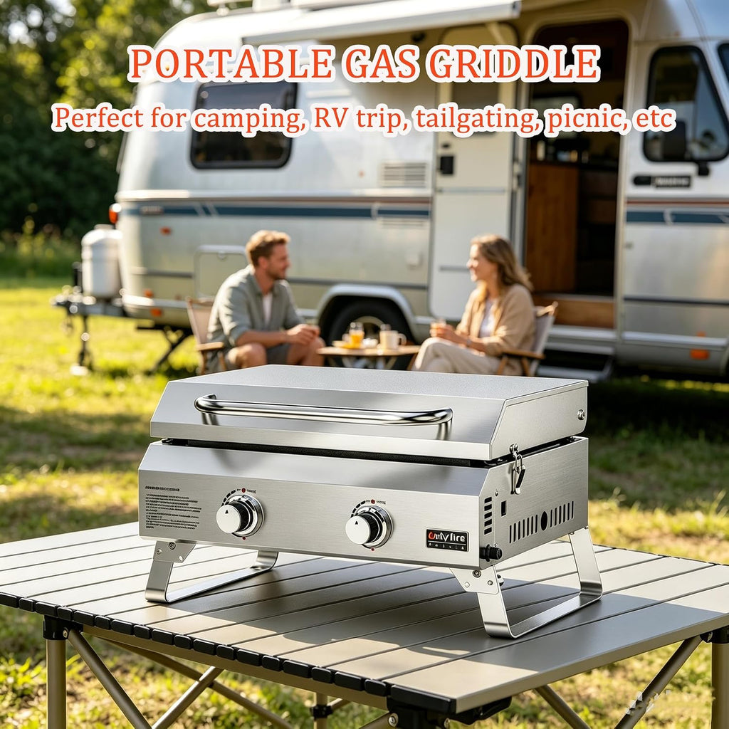 ONLYFIRE GRILLS Tabletop Gas Griddle with Foldable Legs, 2-Burner BBQ Propane Flat Top Griddle, Portable Gas Stove for Outdoor Cooking Patio Party Camping Tailgating RV, Stainless Steel, GS318