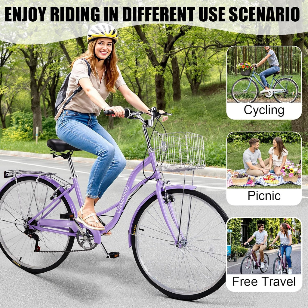 CamPingSurvivals 26' Cruiser Bike Commuter Bike 7 Speed Women's Bicycle Beach Cruiser with Ergonomic Upright Design, Adjustable Saddle, Dual Fenders & V Brake and High Carbon Steel Frame